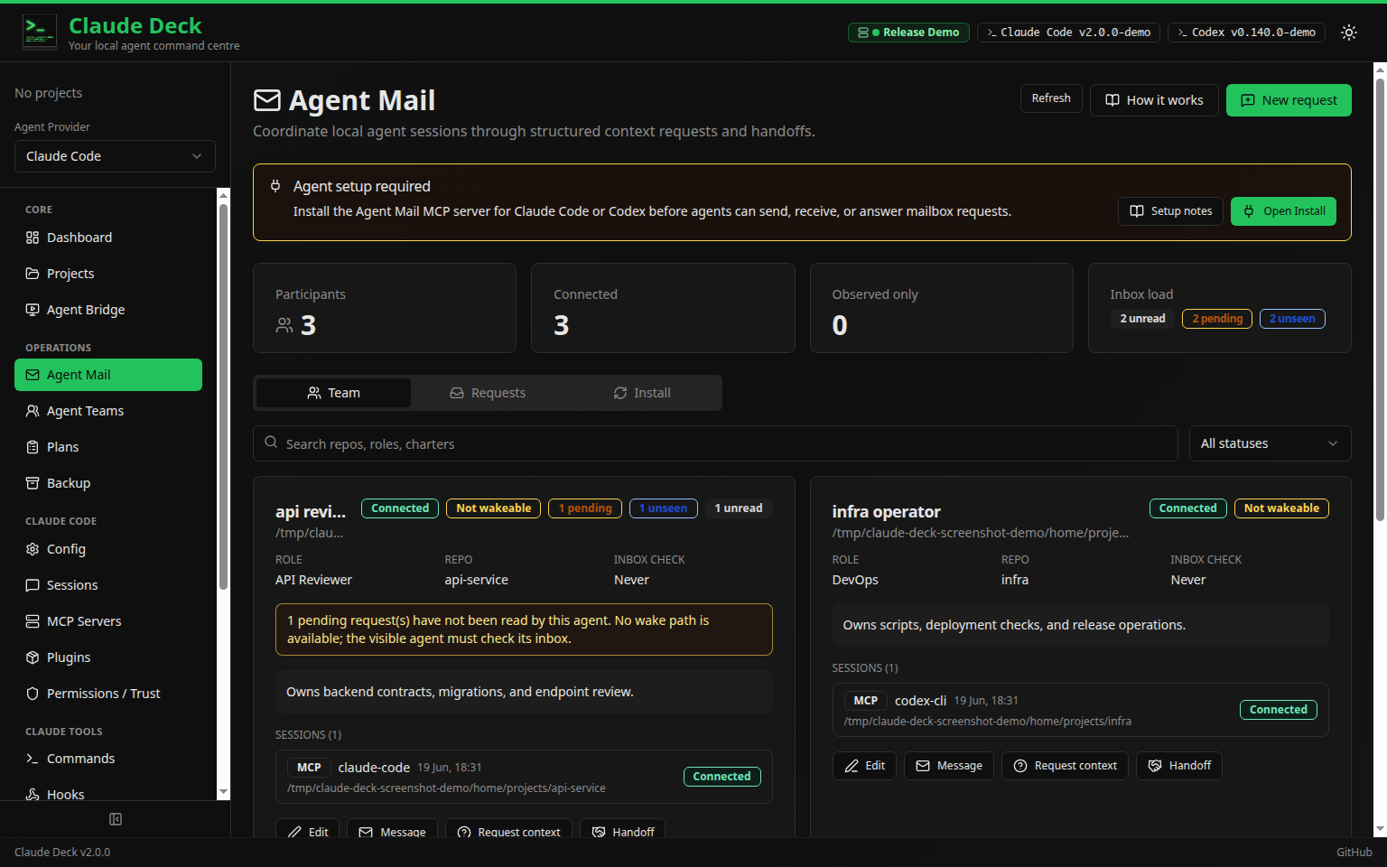 Claude Deck Agent Mail with demo team members and inbox state