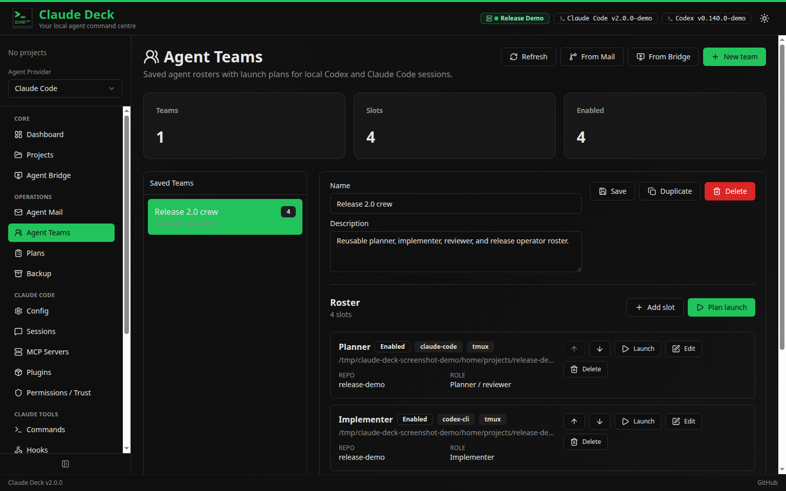 Claude Deck Agent Teams roster preset editor